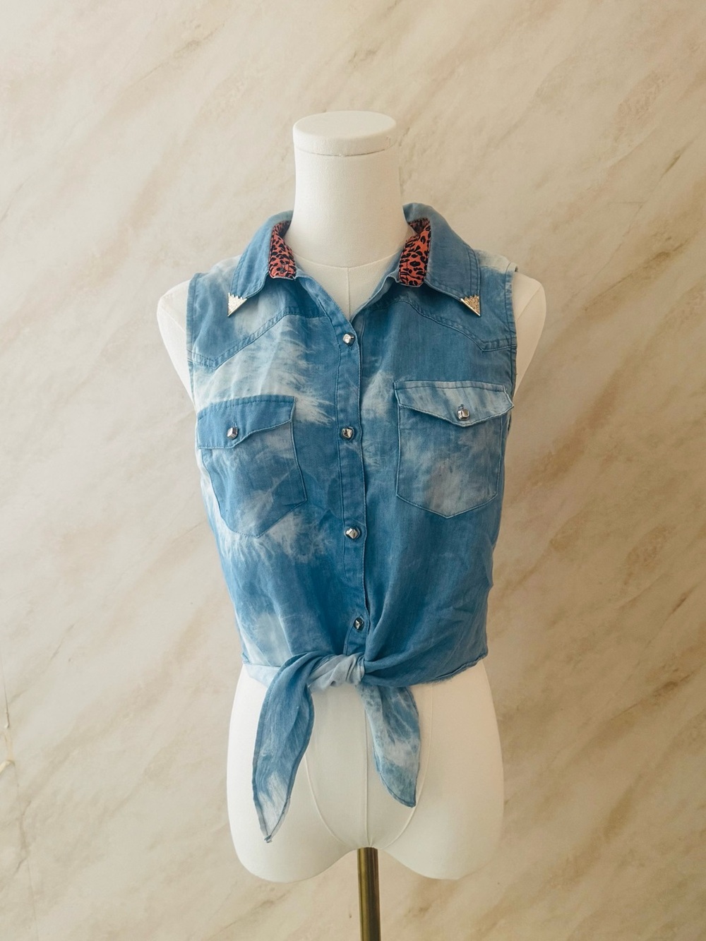 RARE Vintage Blue Denim Sleeveless Shirt with Leopard & Gold Detail
